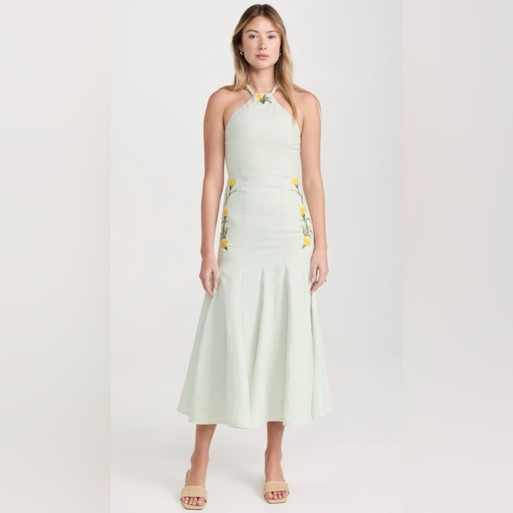 Fanm Mon Sabrina Linen Midi Dress Mint Green with Yellow Floral Embroidery M/6